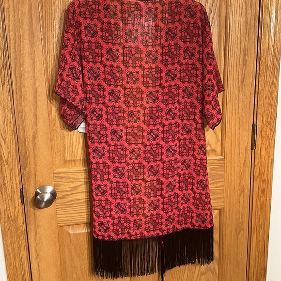 Lularoe red and black sheer kimono style with cascade front and fringe b… - Picture 8 of 8
